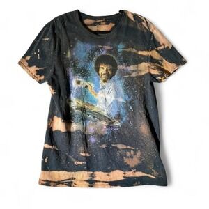 Bob Ross Bleach Wash Tie Dye Graphic T-Shirt Mens Large Black Galaxy Painter Tee
